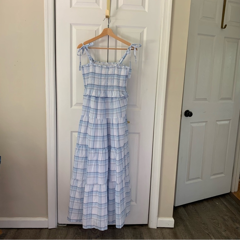 Hope & Henry Organic Cotton Blue Plaid Smocked Tiered Lined Maxi Dress Sz8